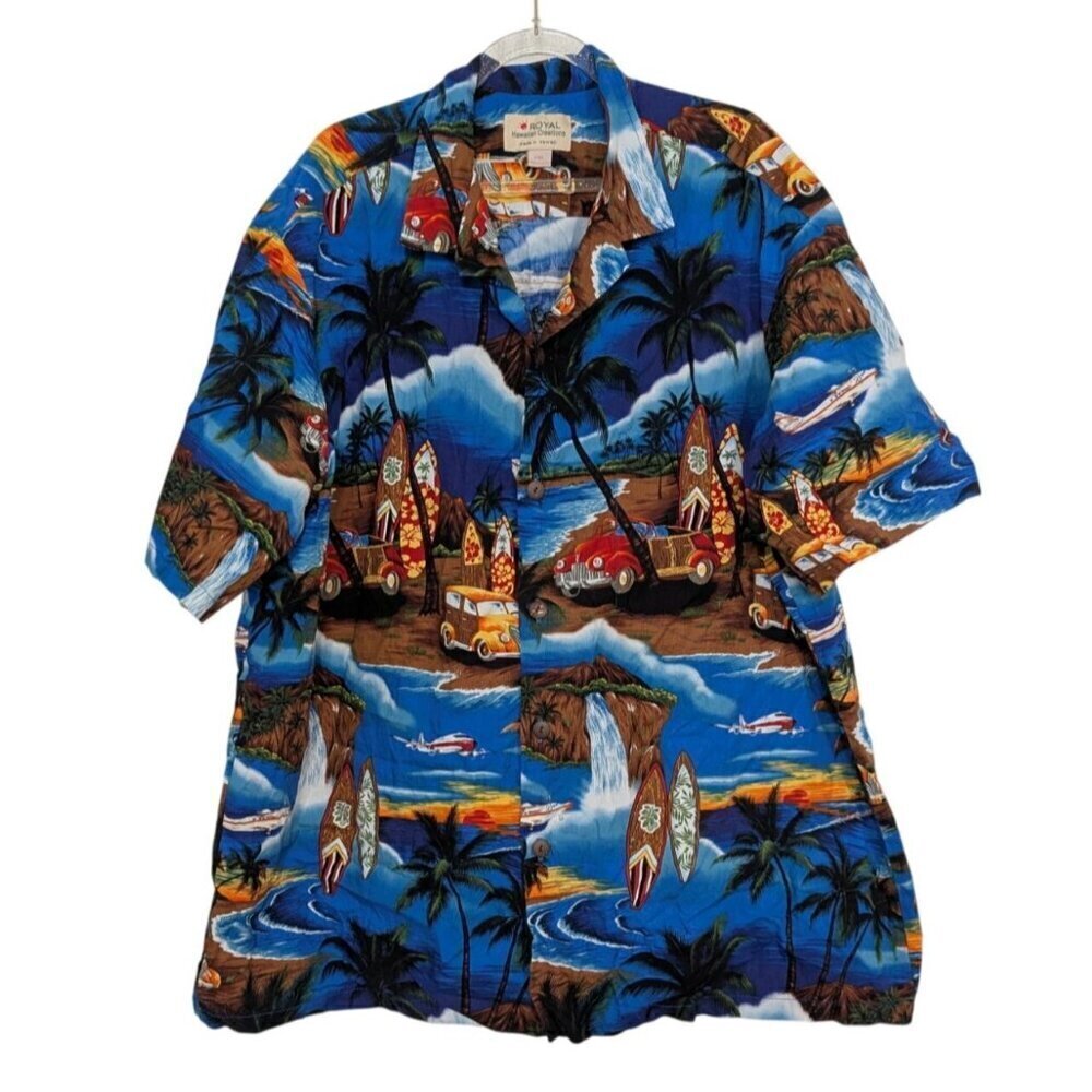 Vintage Royal Hawaiian Creations Shirt Mens Size 2XL Blue Surf Waterfall Cotton